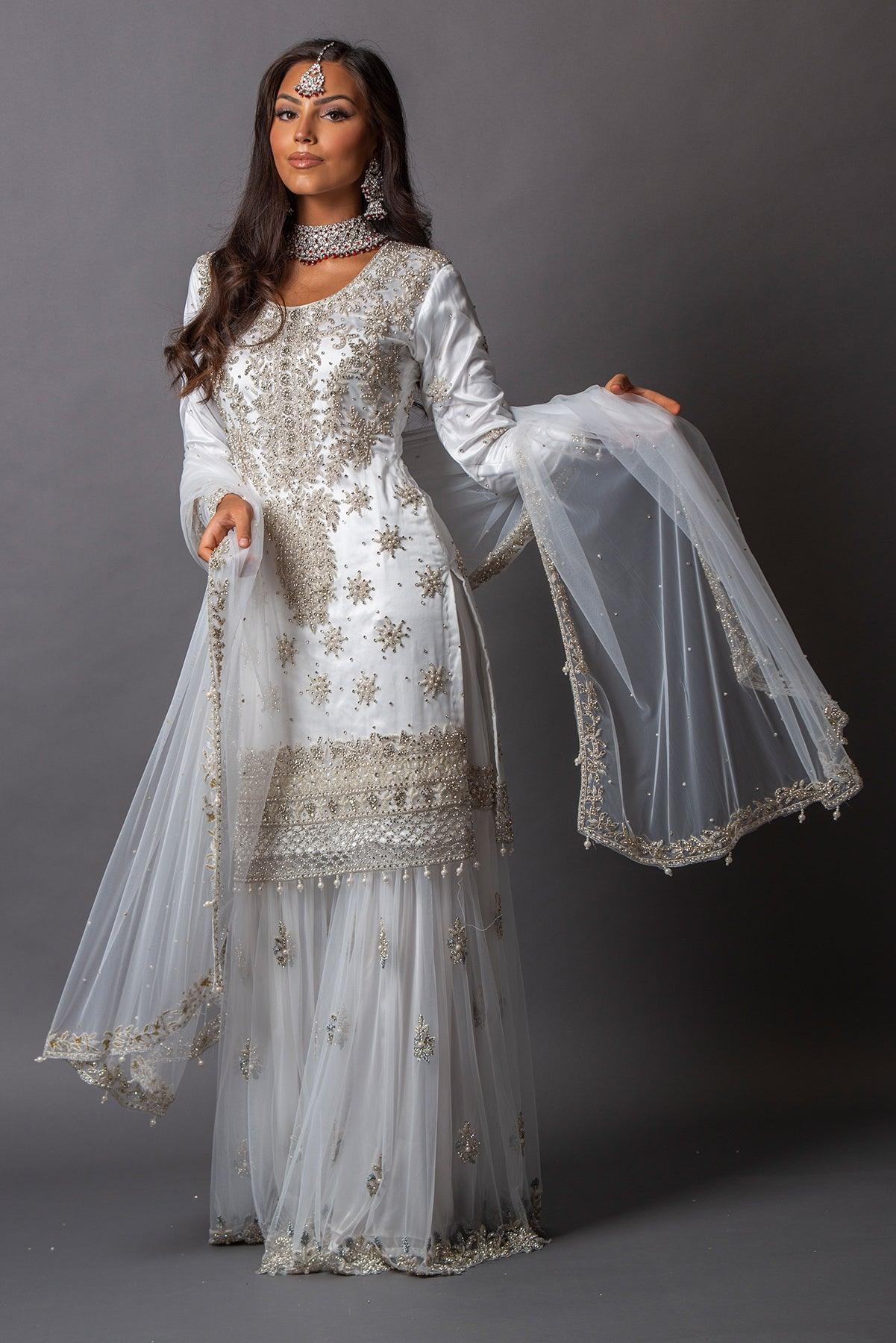 Gulnaaz Khan Long White Kaftan Plazo Dress Pic Function Wear