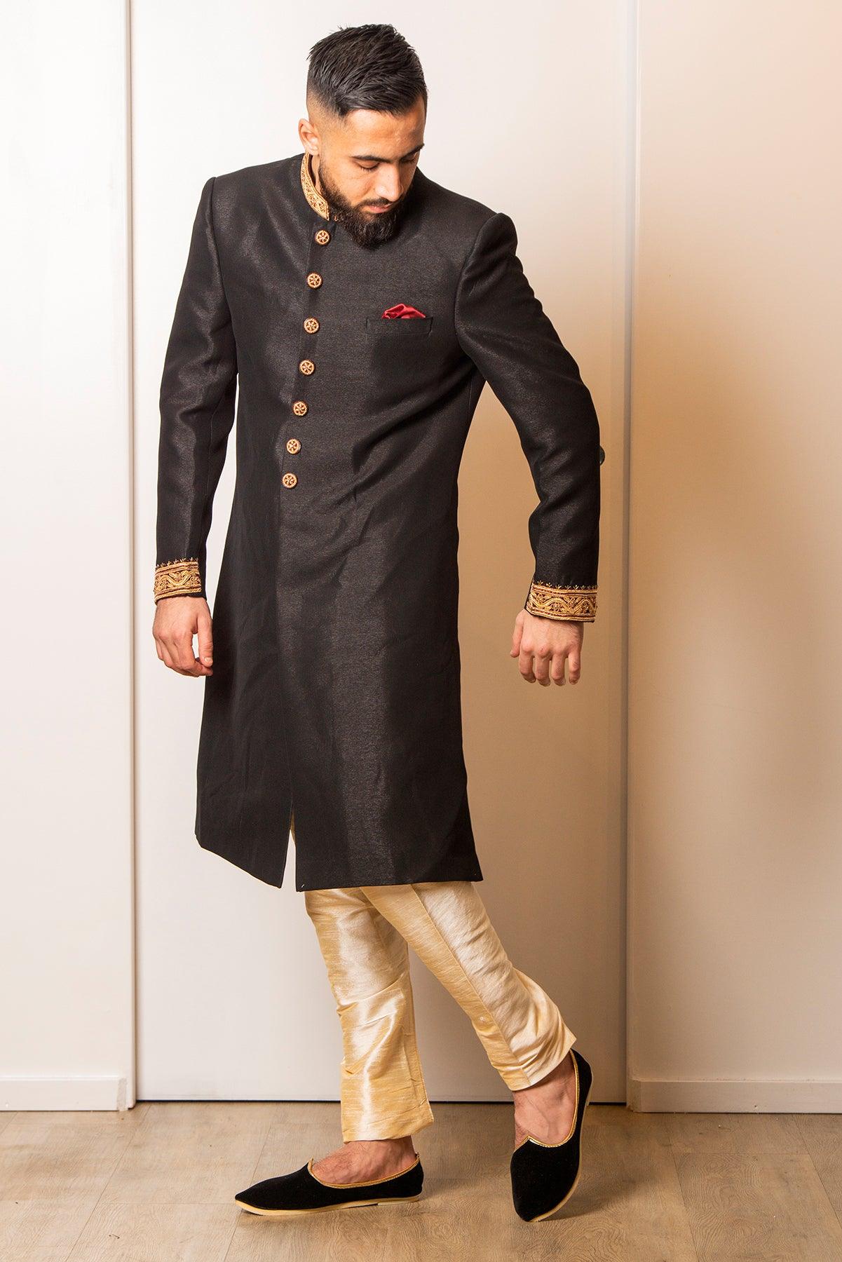 Buy Black Raw Silk Designer Sherwani Set For Men By Gulnaaz Khan