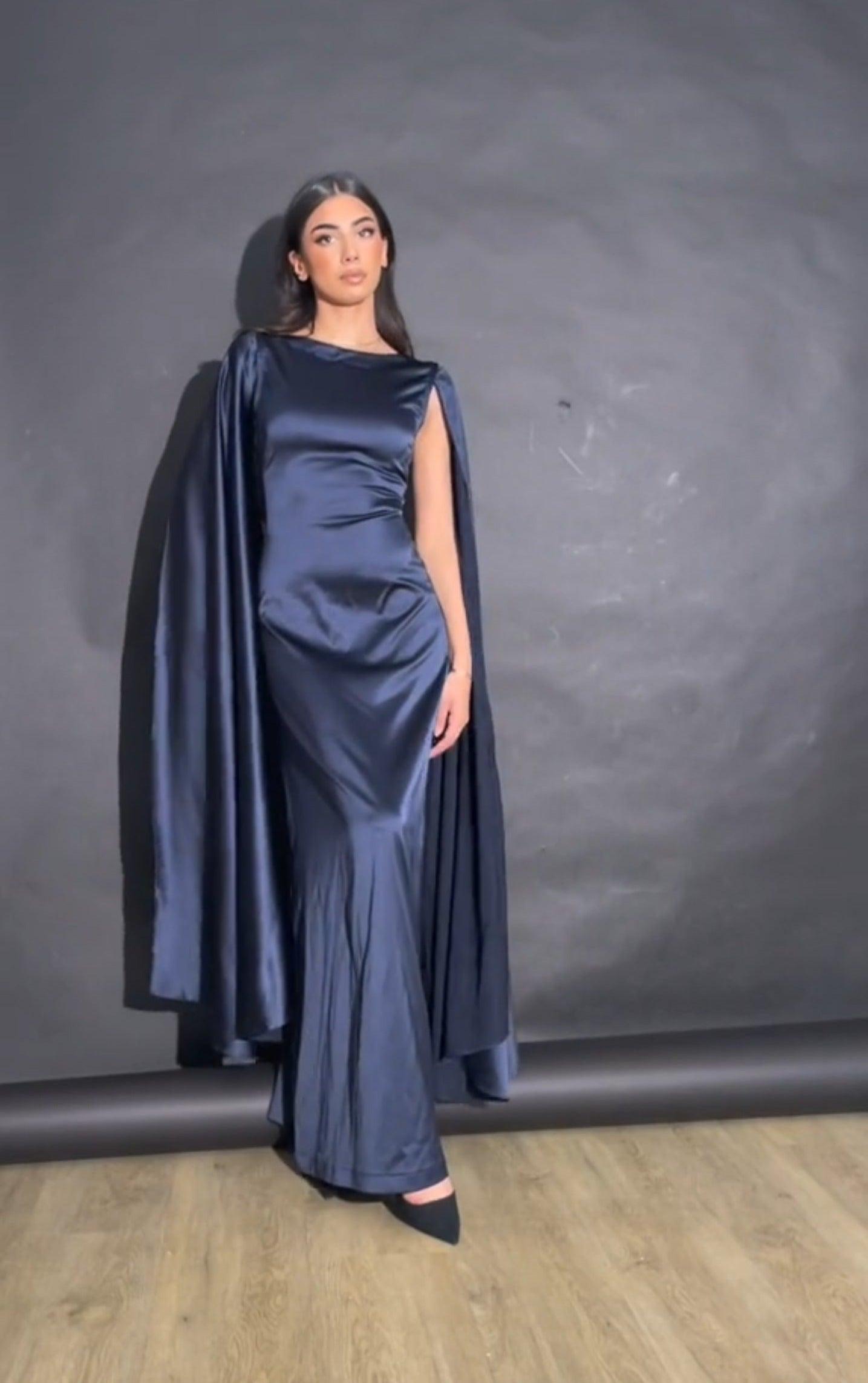 dark blue satin dress