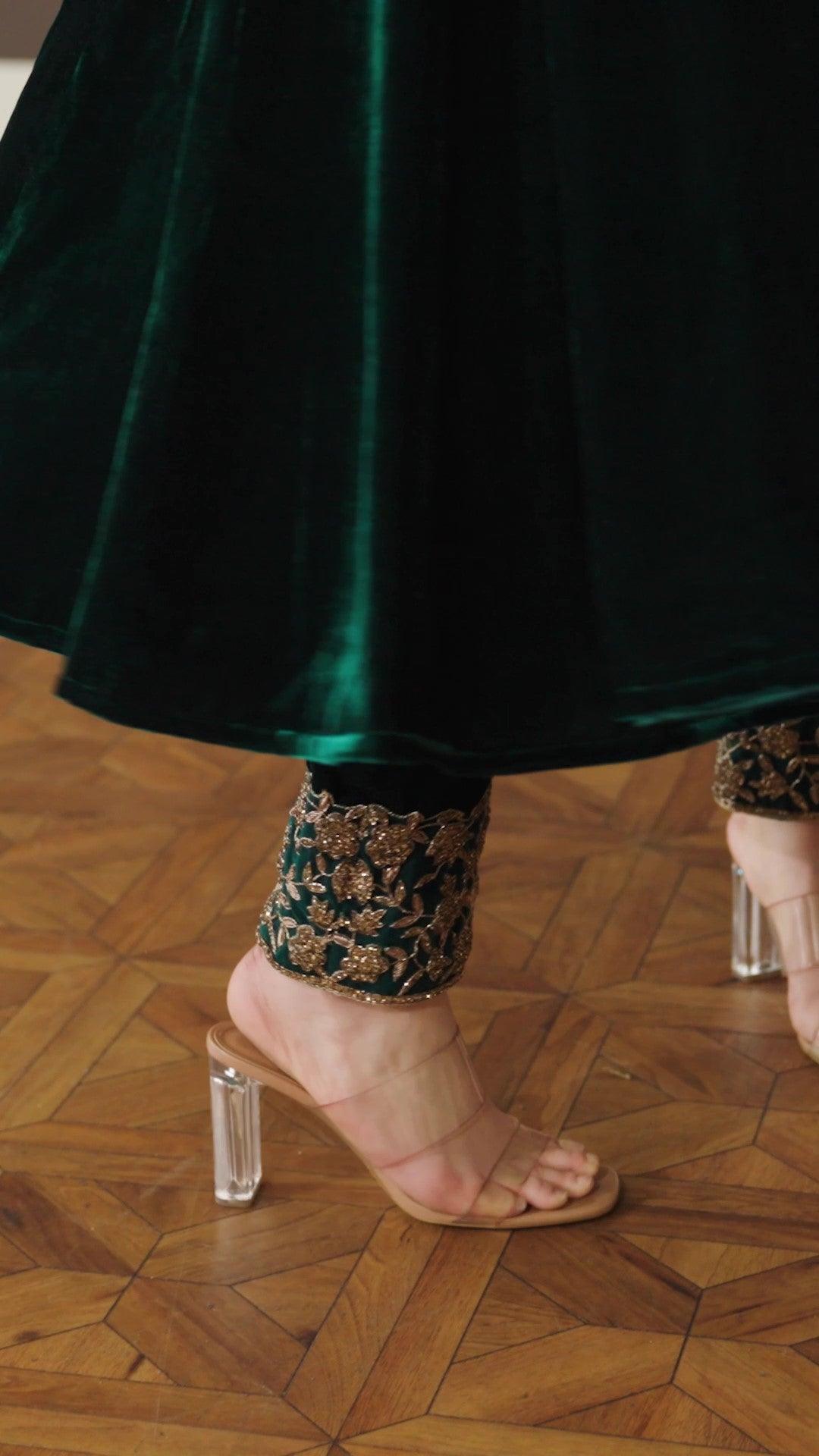 
                  
                    Zafira - Green Velvet Anarkali Dress
                  
                