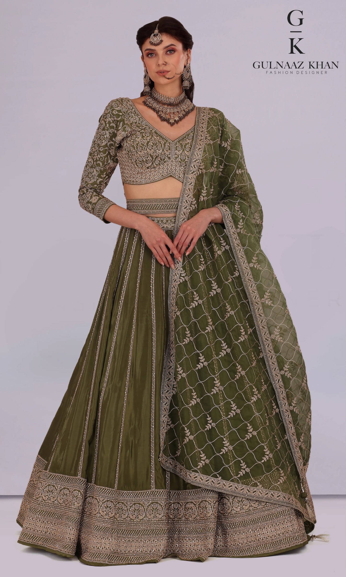 Saira designer olive green crepe lehenga for haldi and mehendi