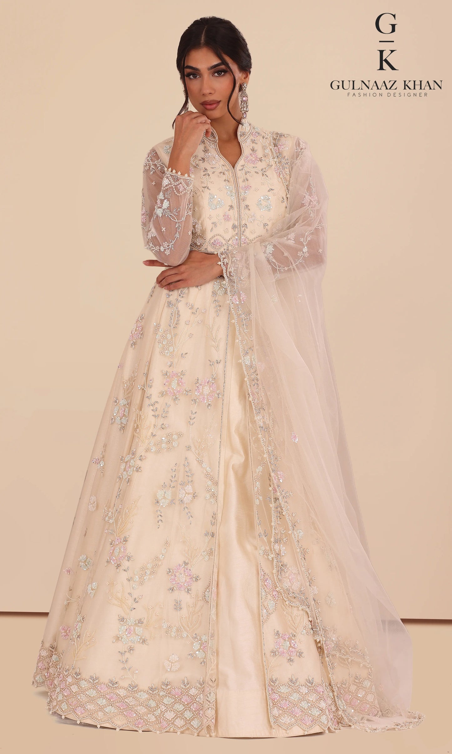 Luxury ivory lehenga with hand embroidery full length