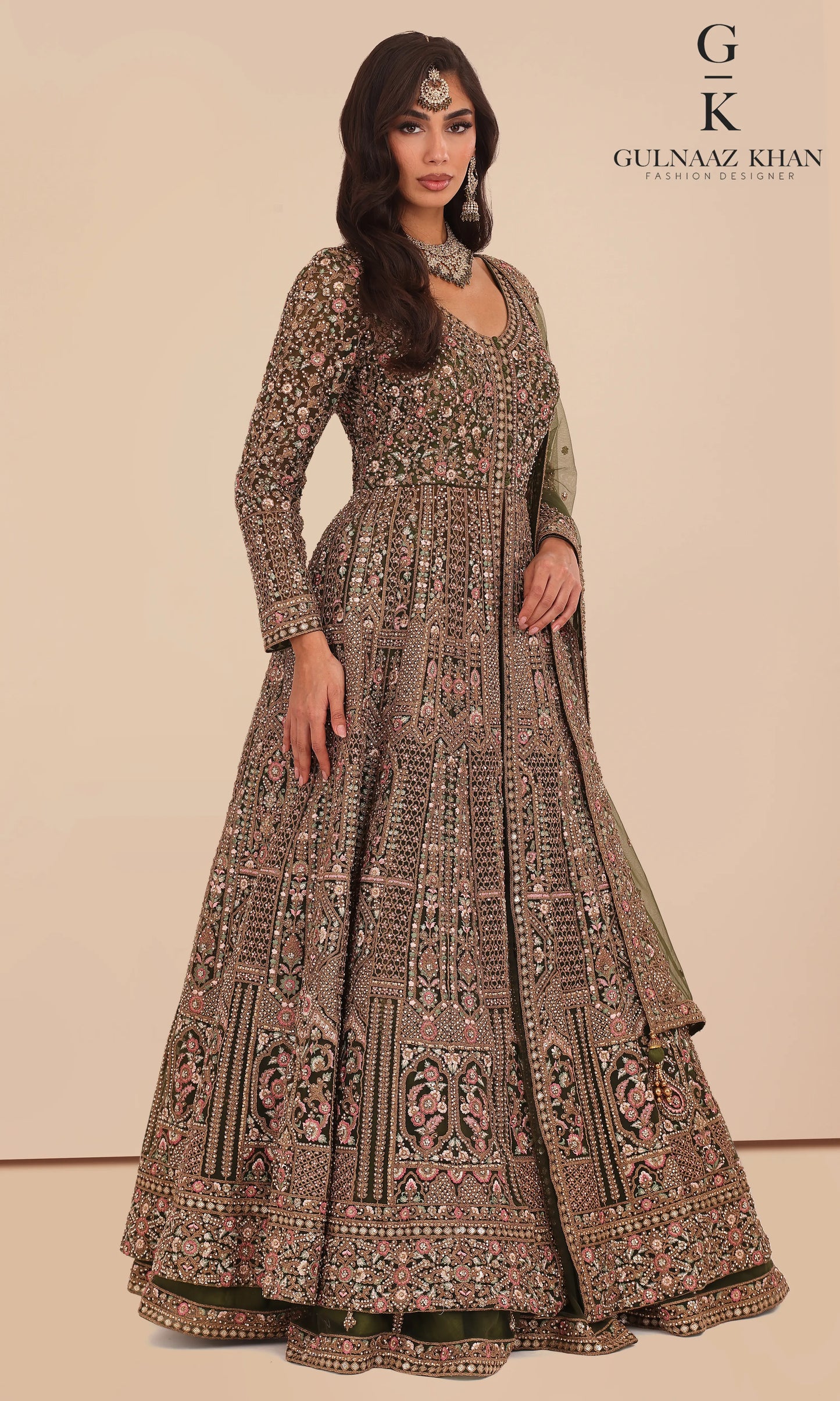 Nazima bridal gown full length olive green with embroidered dupatta