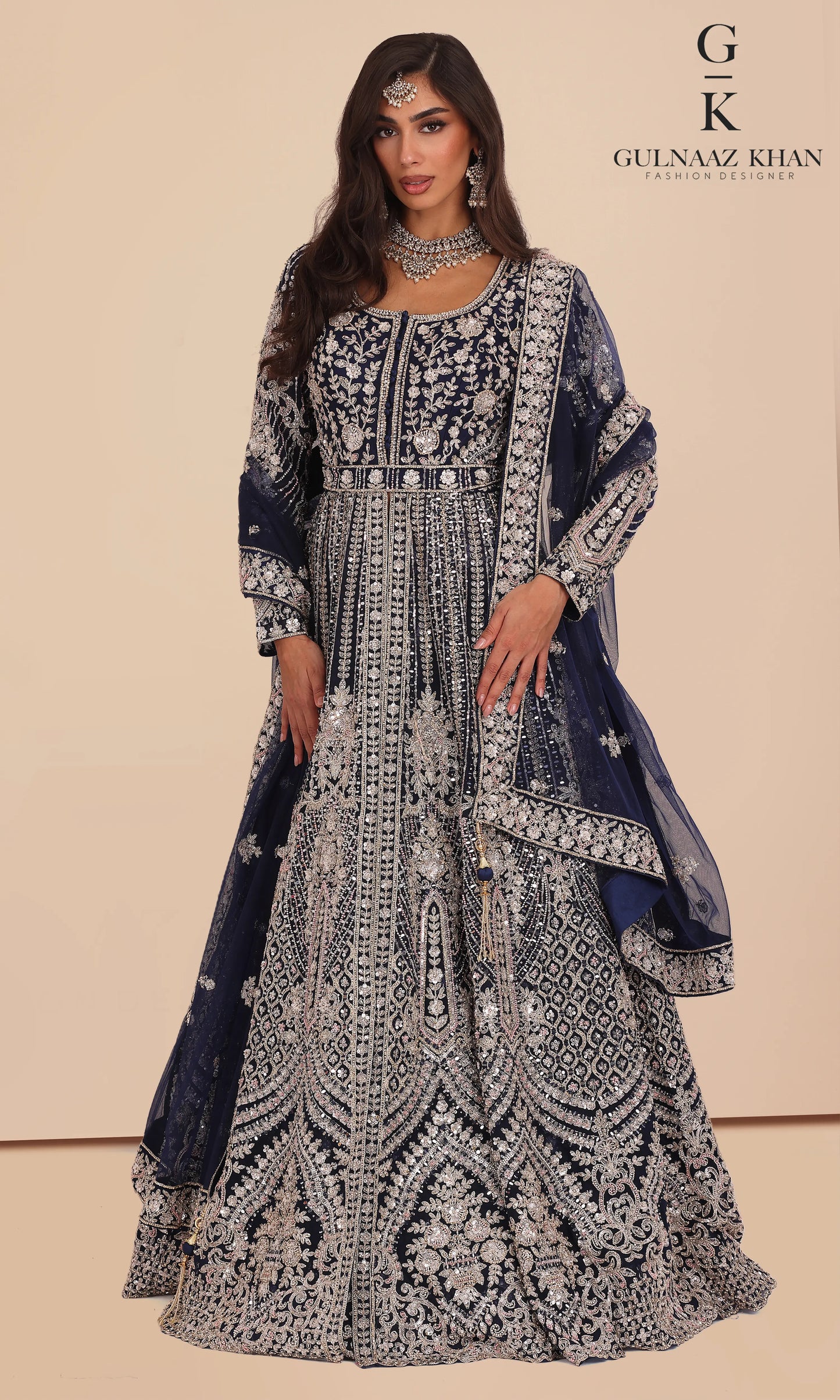 Ziyana navy bridal gown jacket style with heavy sequins dori pearl stone embroidery front view