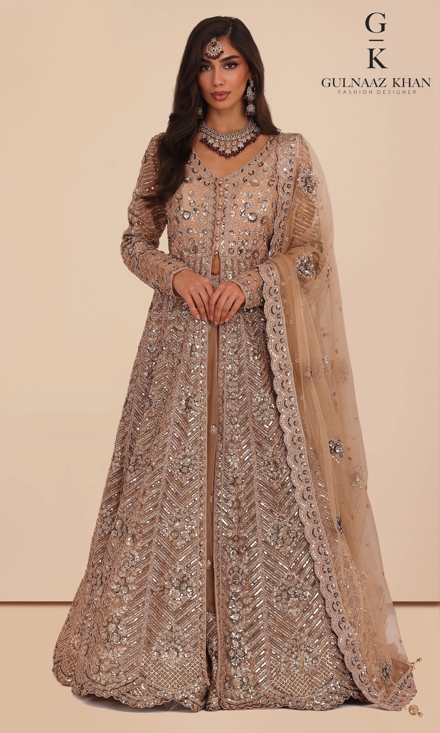 Gulchehra champagne nude bridal jacket gown full front view