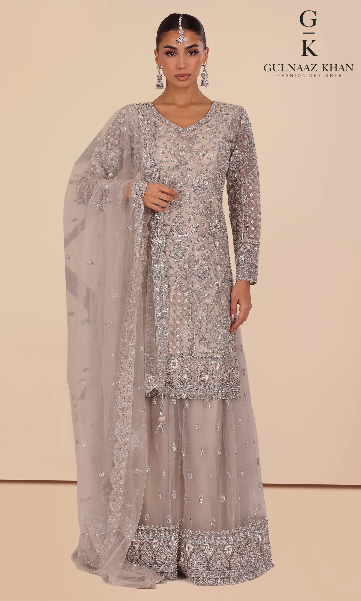 Aliya designer pure silk and net sharara set front view
