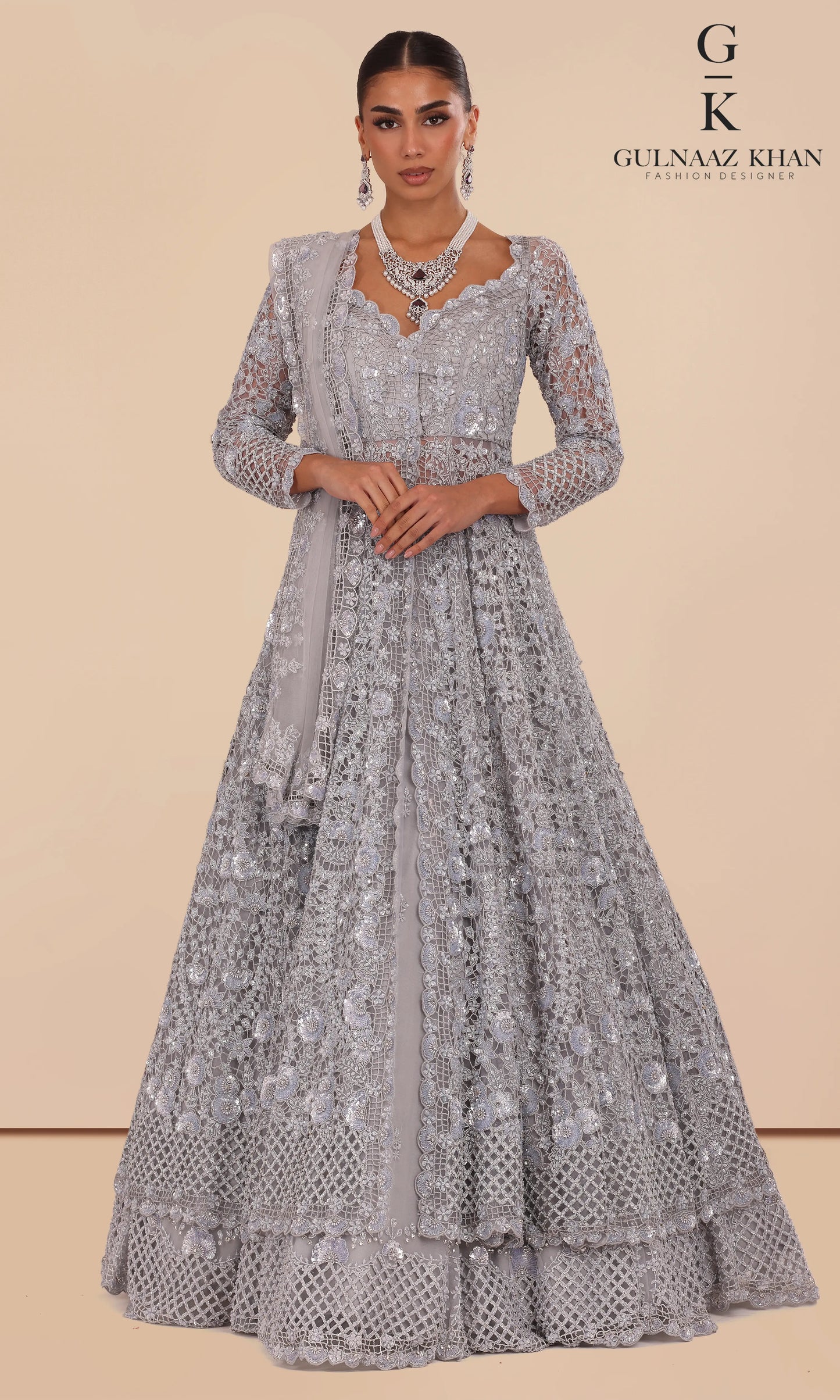 Zohal silver grey jacket style sharara front view