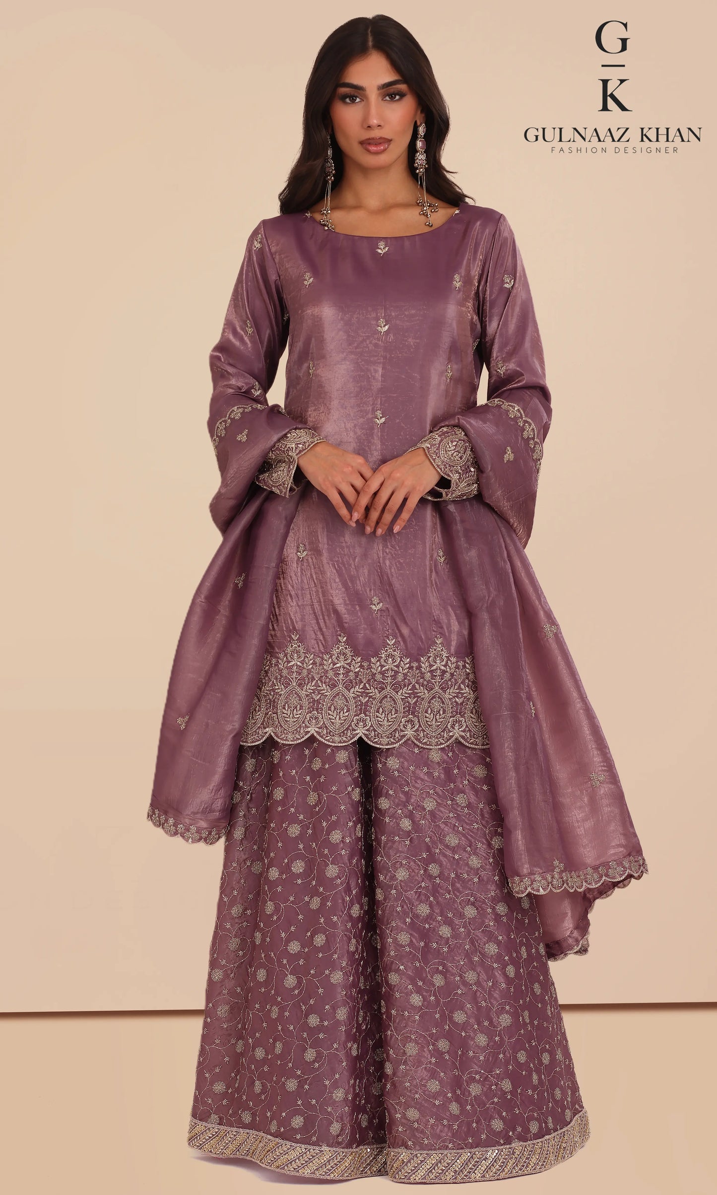 Mira mauve pure silk sharara set with embroidered dupatta