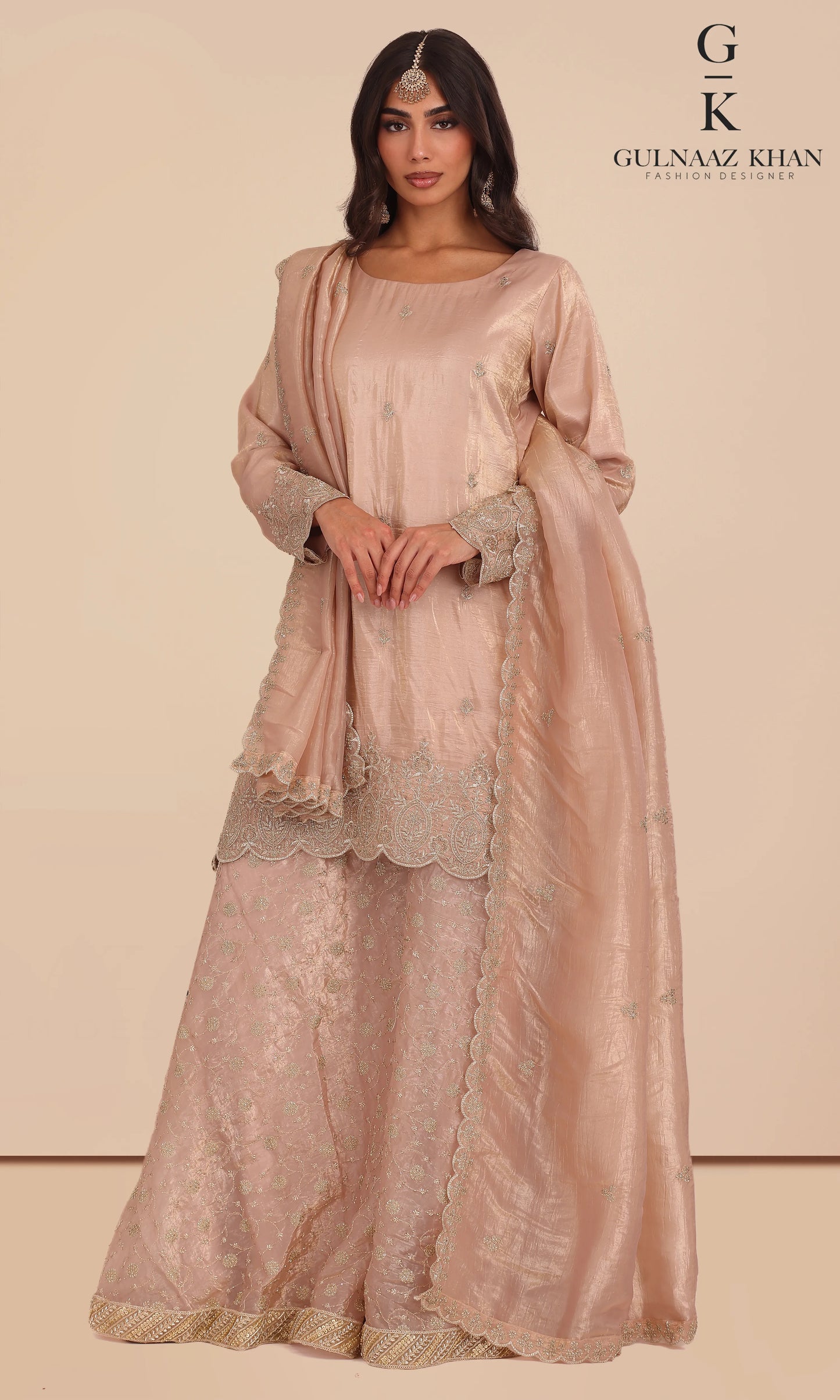 Mira peach tissue silk sharara set with embroidered dupatta