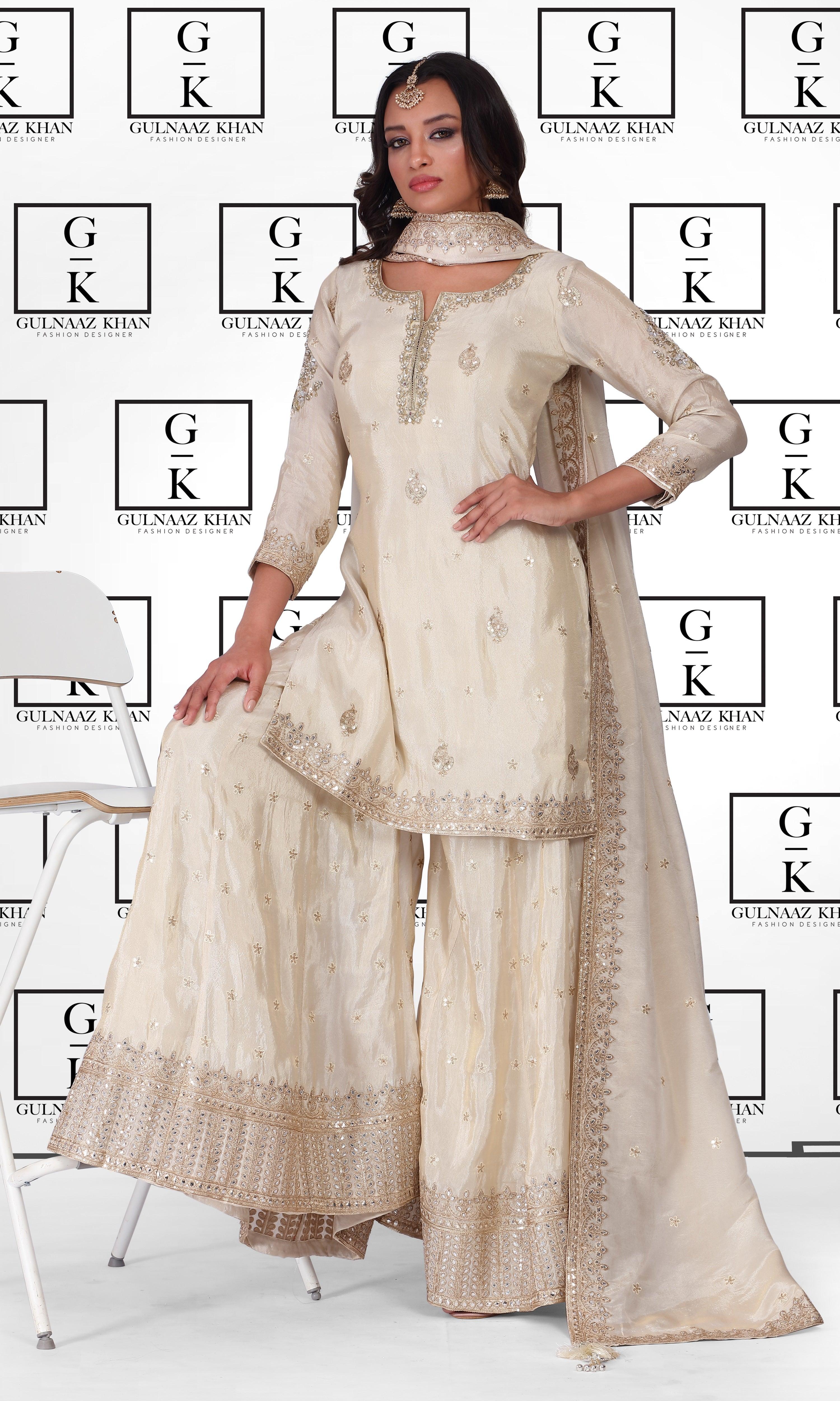 Shop Cream Plazo Set Kurta Plazo By Gulnaaz Khan