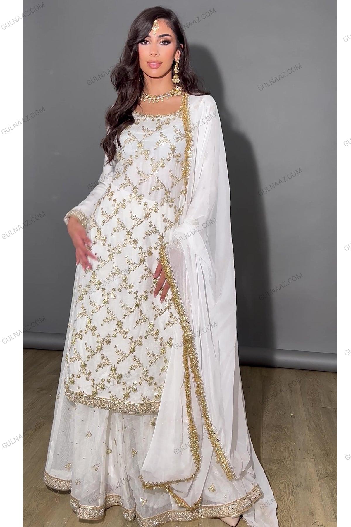 gold and white sharara set