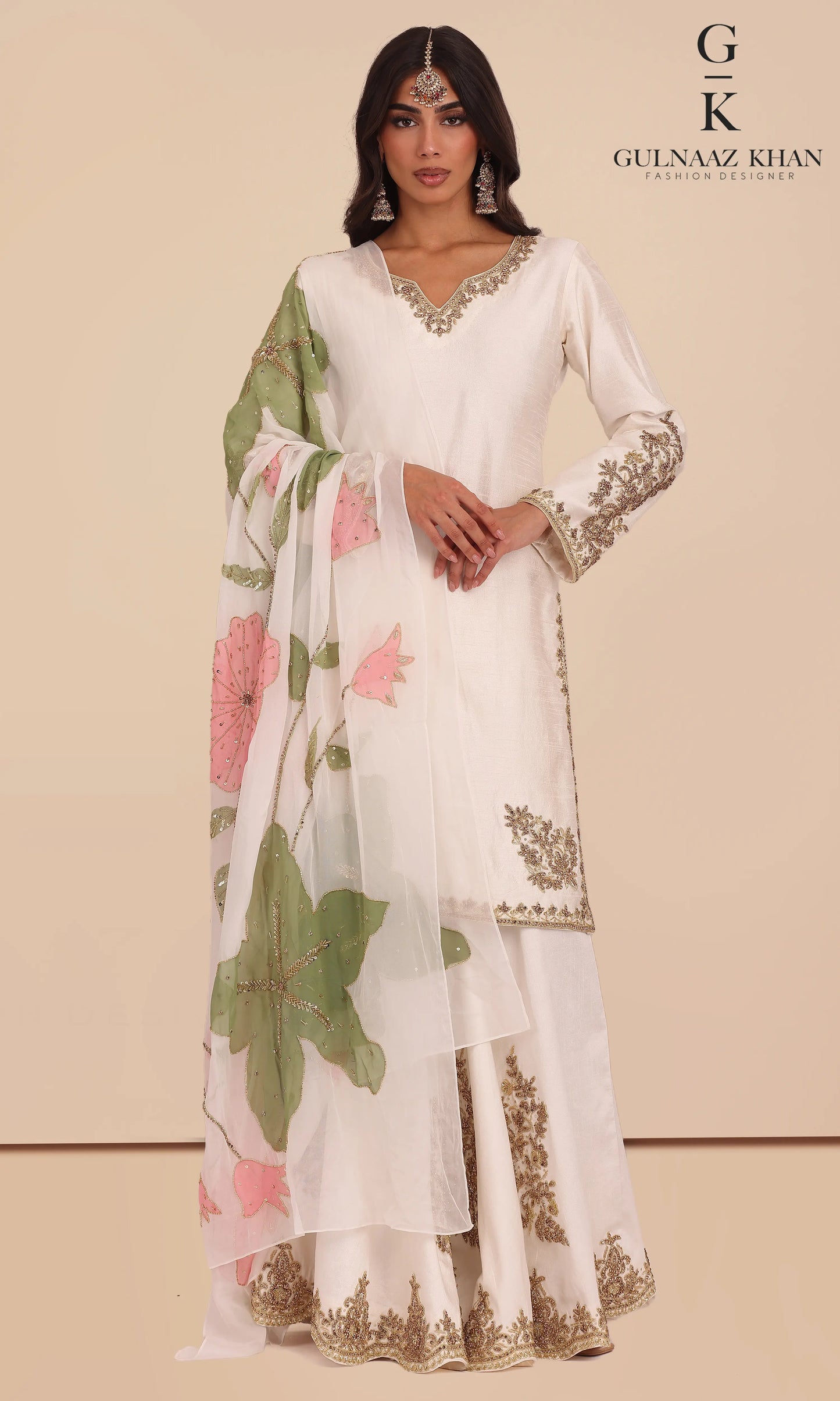 Liyana white raw silk sharara suit with stone work front view