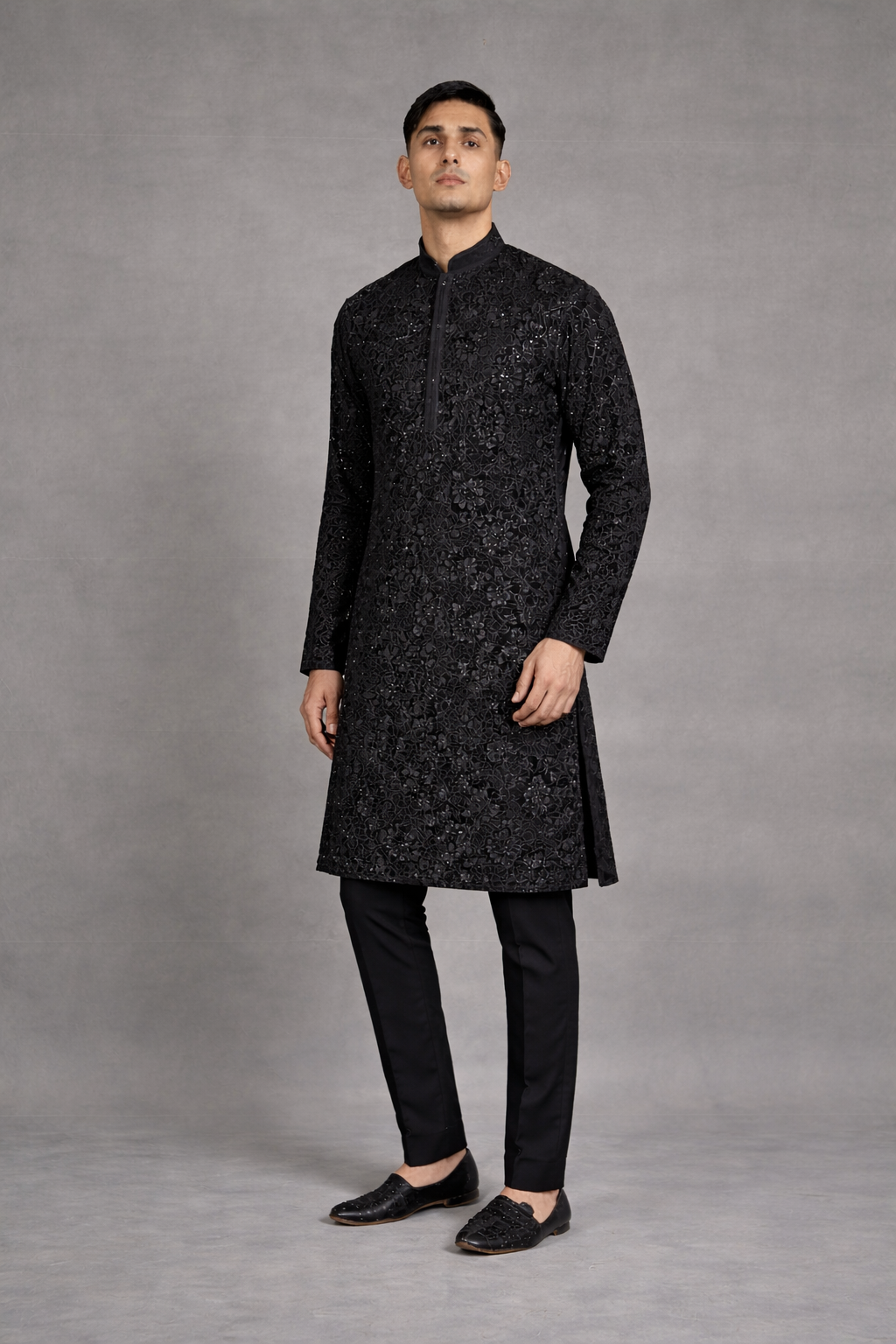 Men’s black floral embroidered kurta side view