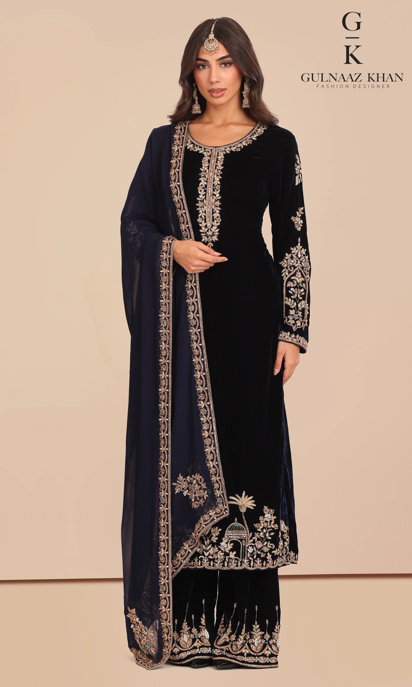 Naazneen luxury velvet plazo suit front view with embroidered neckline and dupatta