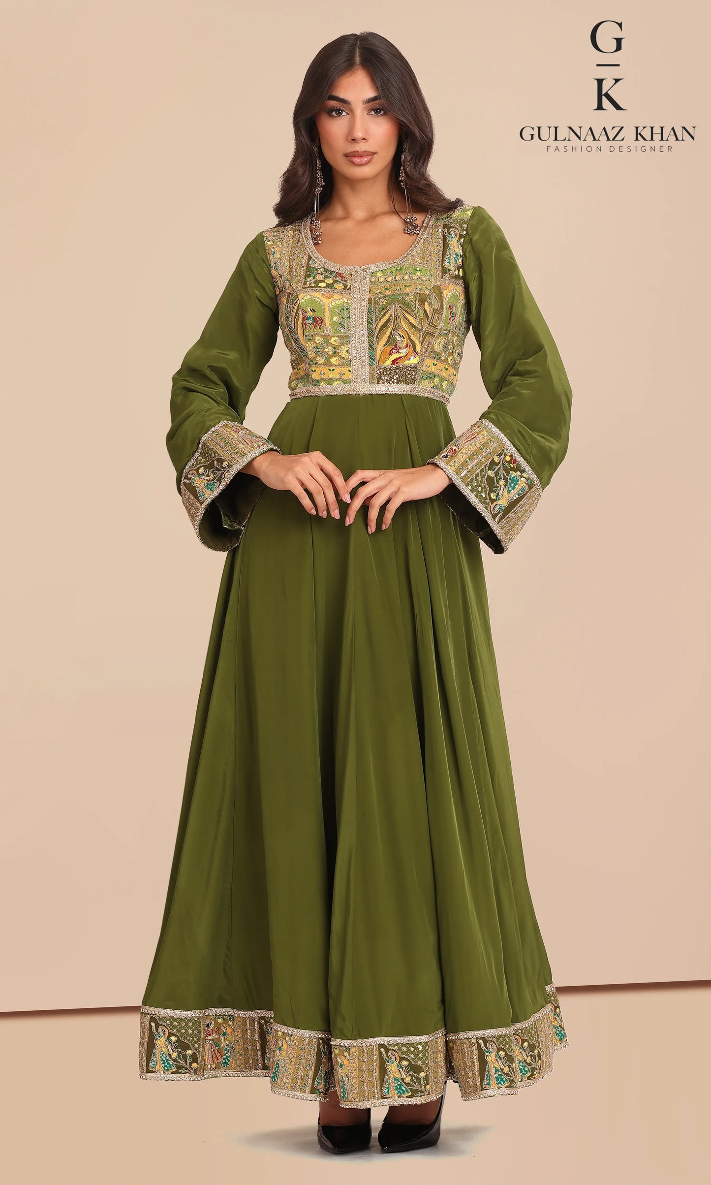 Shabnoor Green Afghan dress front view pure crepe organza dupatta