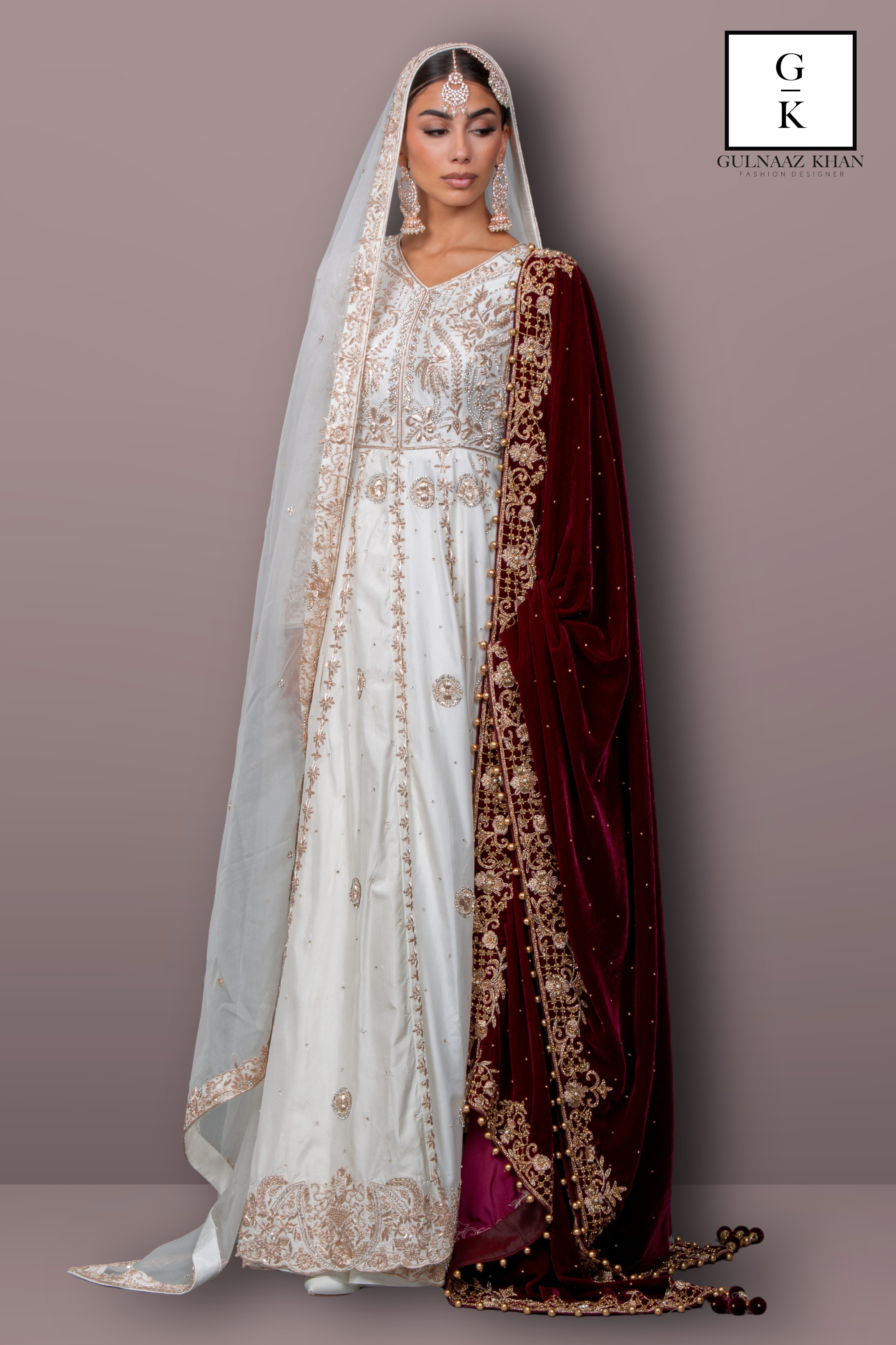 Fareeha - Ivory White Bridal Gown with Light Gold Embroidery