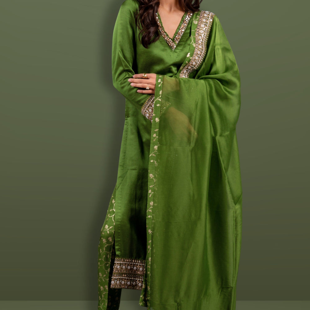 green silk pant with kurta
