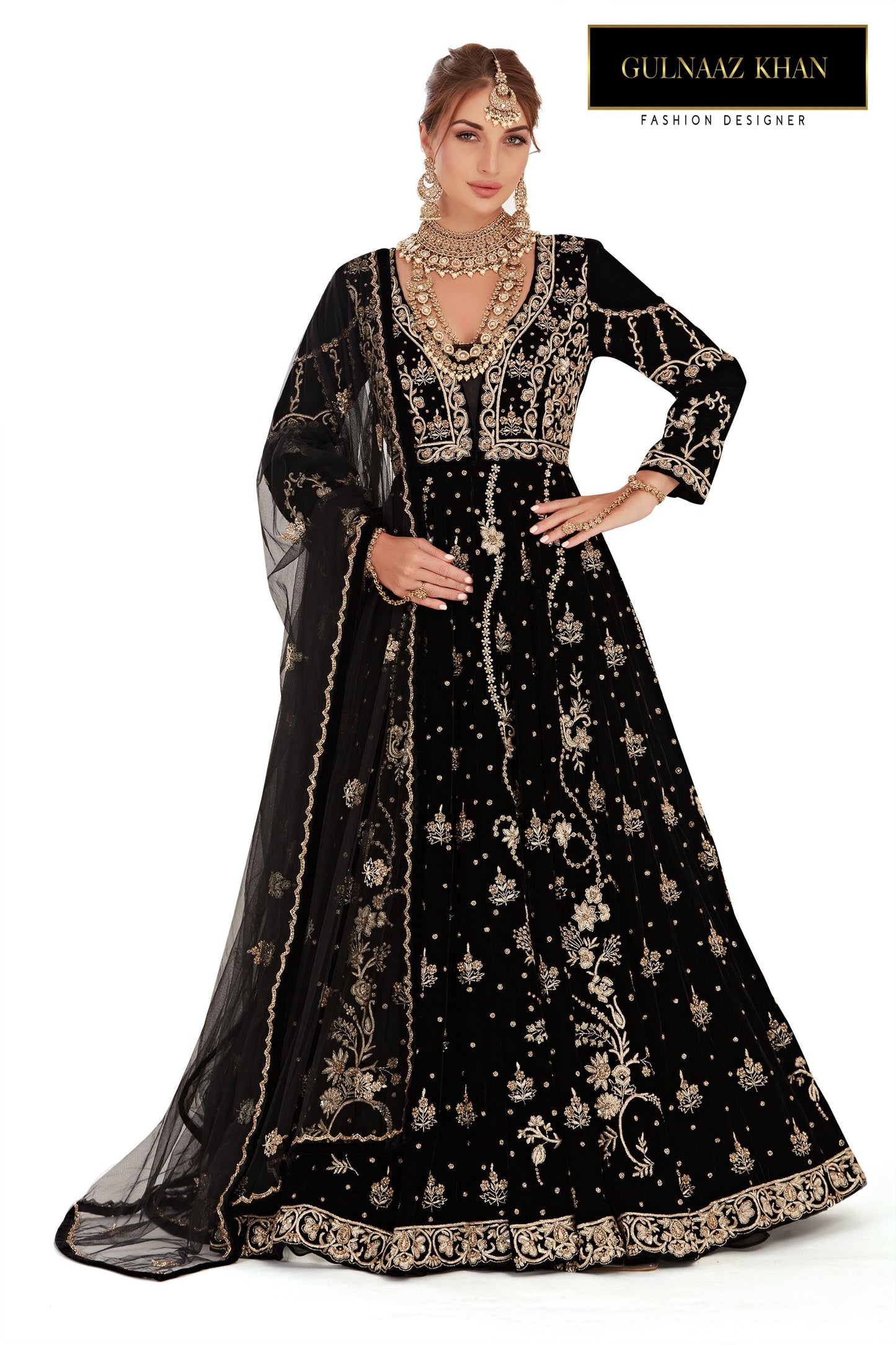 black gown with golden embroidery