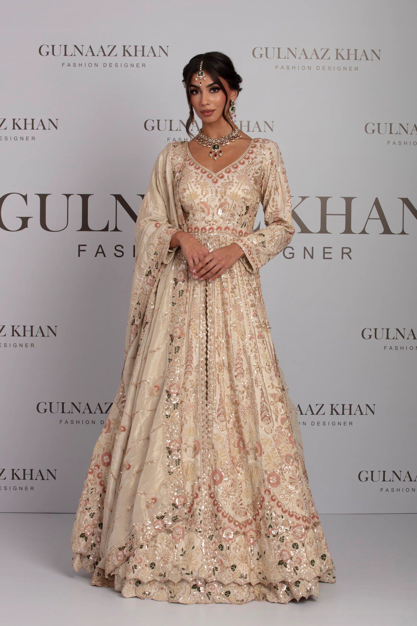 Heba champagne cream pure tissue silk embroidered bridal lehenga