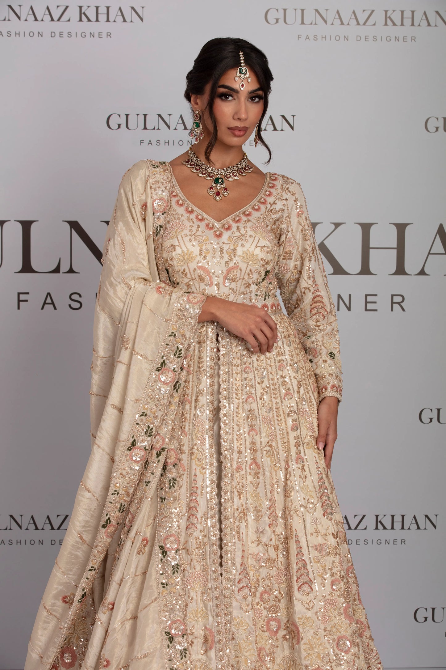Custom champagne cream South Asian bridal lehenga with embellished dupatta