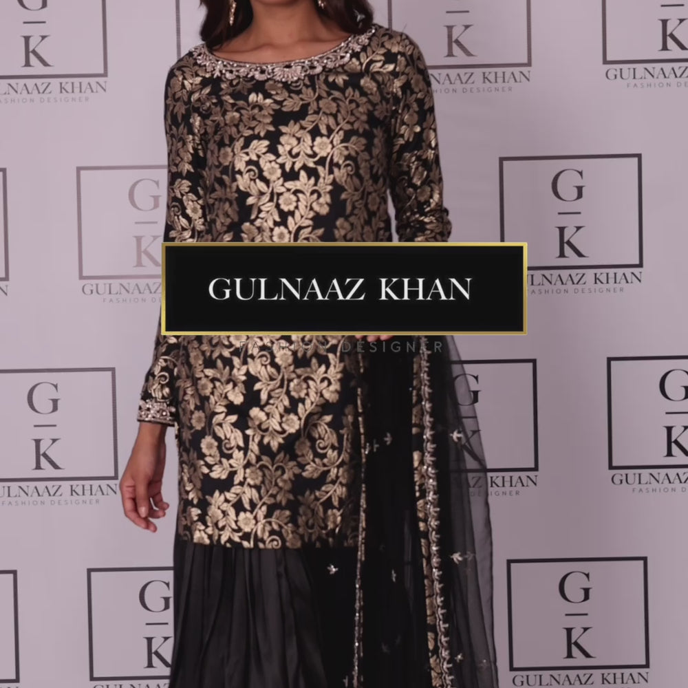 
                  
                    Load and play video in Gallery viewer, Black &amp;amp; Golden embroidery lehenga
                  
                