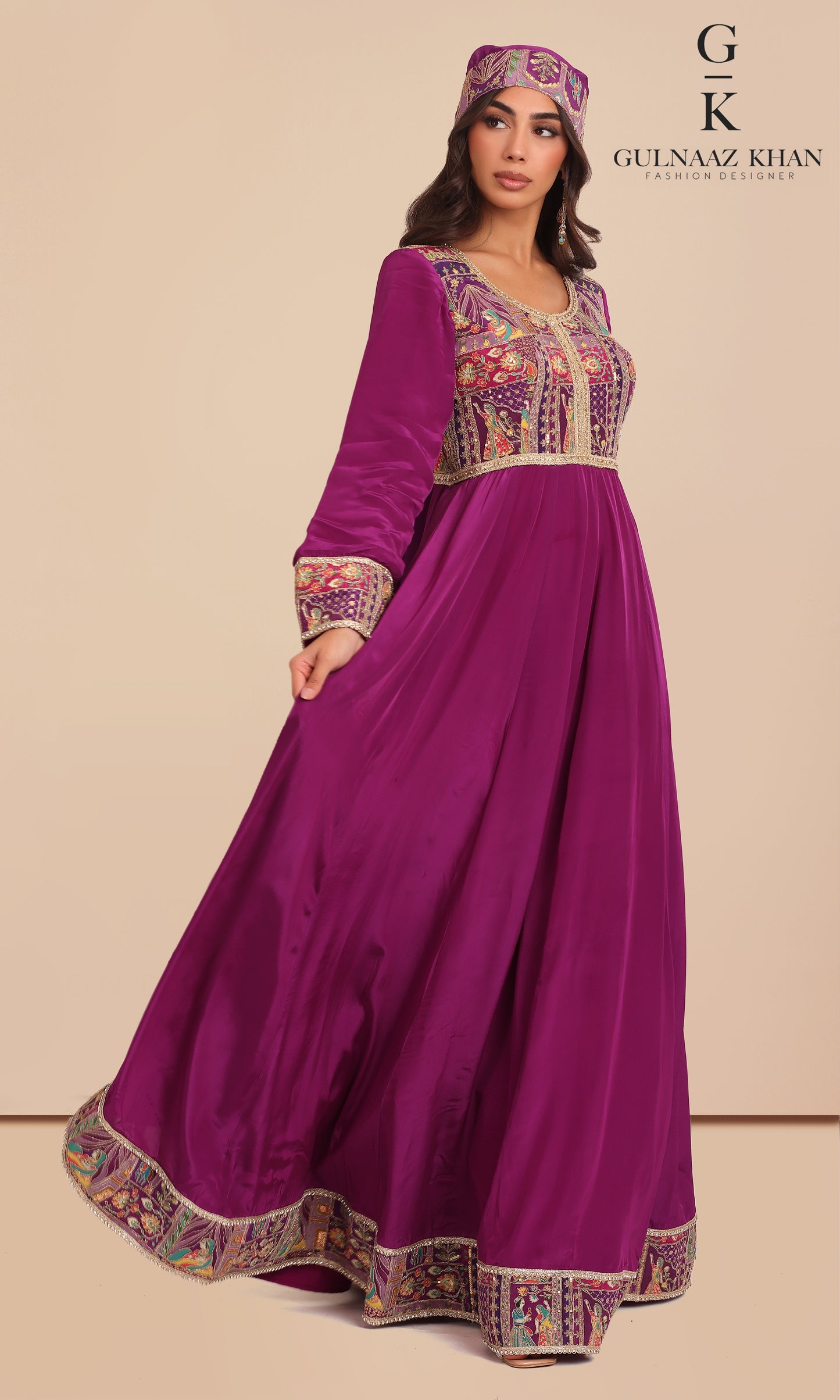 Shabnoor Royal Purple Afghan pure crepe dress with organza dupatta front view