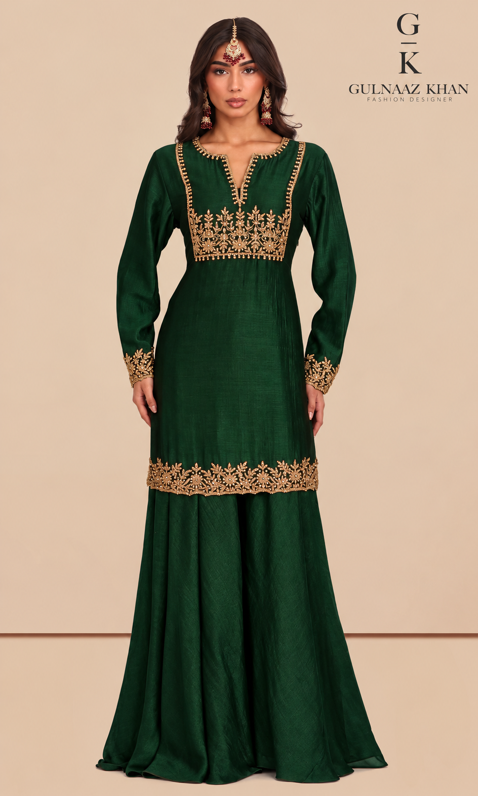 Zaryab emerald green pure silk sharara suit with gold-toned floral embroidery.
