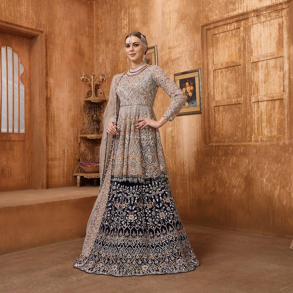 grey peplum top with blue lehenga