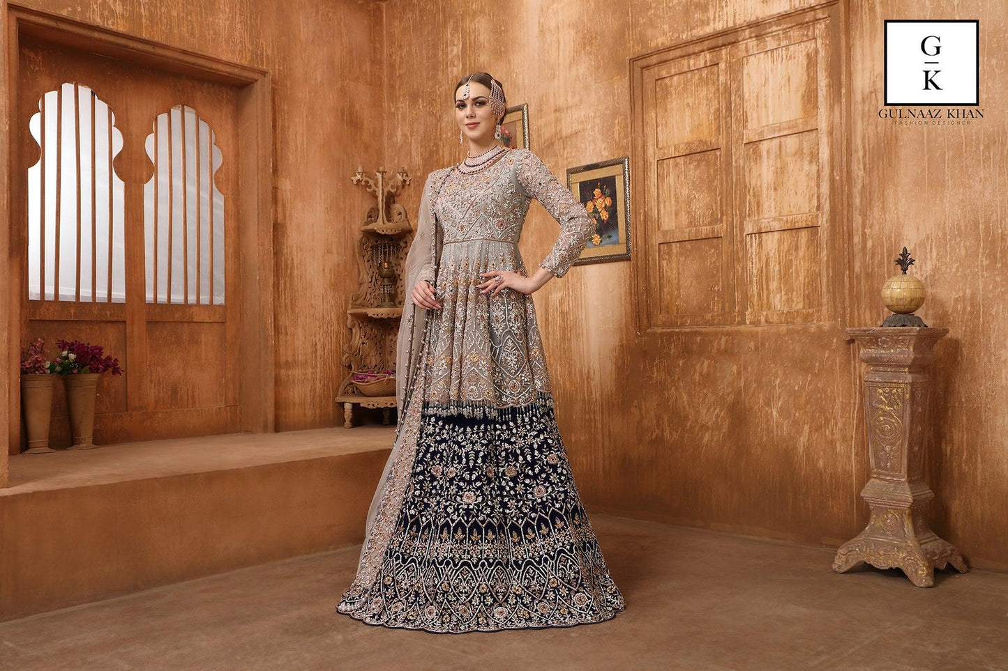 grey peplum top with blue lehenga