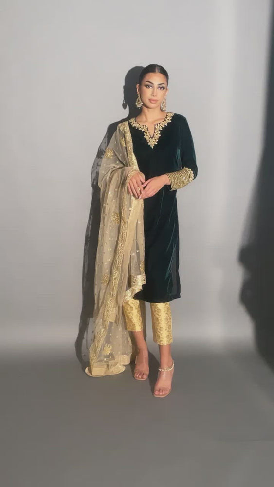 
                  
                    Load and play video in Gallery viewer, velvet green kurta and pant
                  
                
