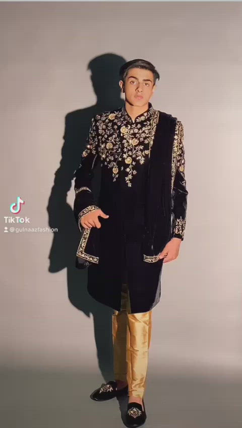 
                  
                    Load and play video in Gallery viewer, Pure Black velvet sherwani
                  
                