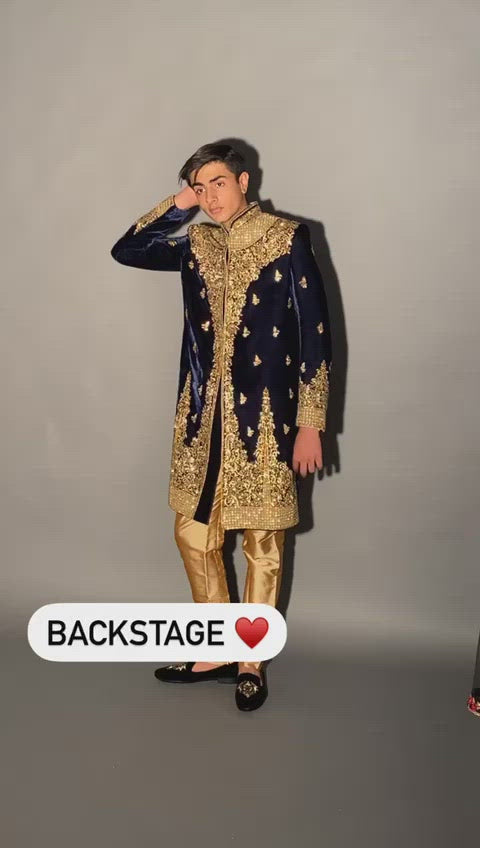 
                  
                    Load and play video in Gallery viewer, blue velvet wedding sherwani
                  
                