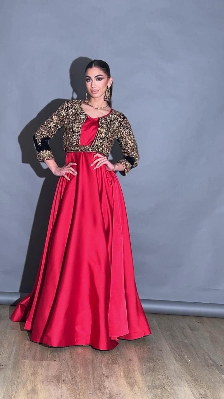 red floor length gown