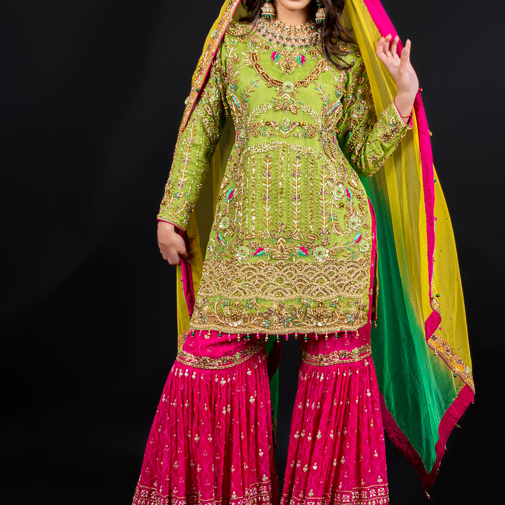 green kurti with pink plazo set