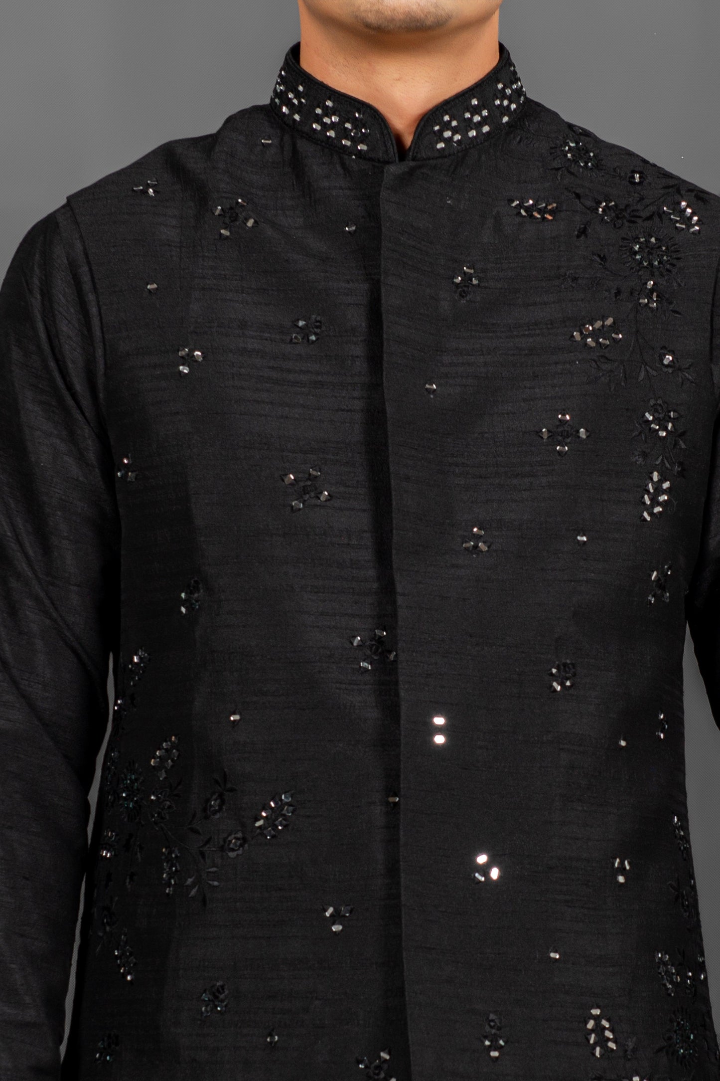 black kurta pajama with waistcoat