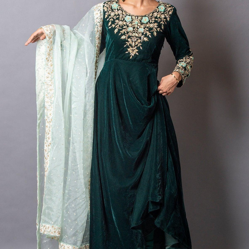 
                  
                    long green velvet gown
                  
                