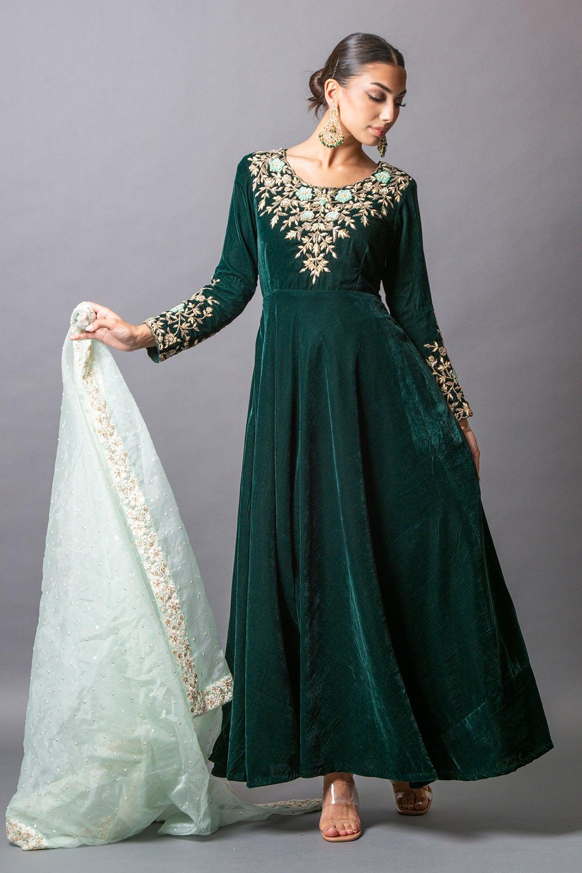 long designer green gown