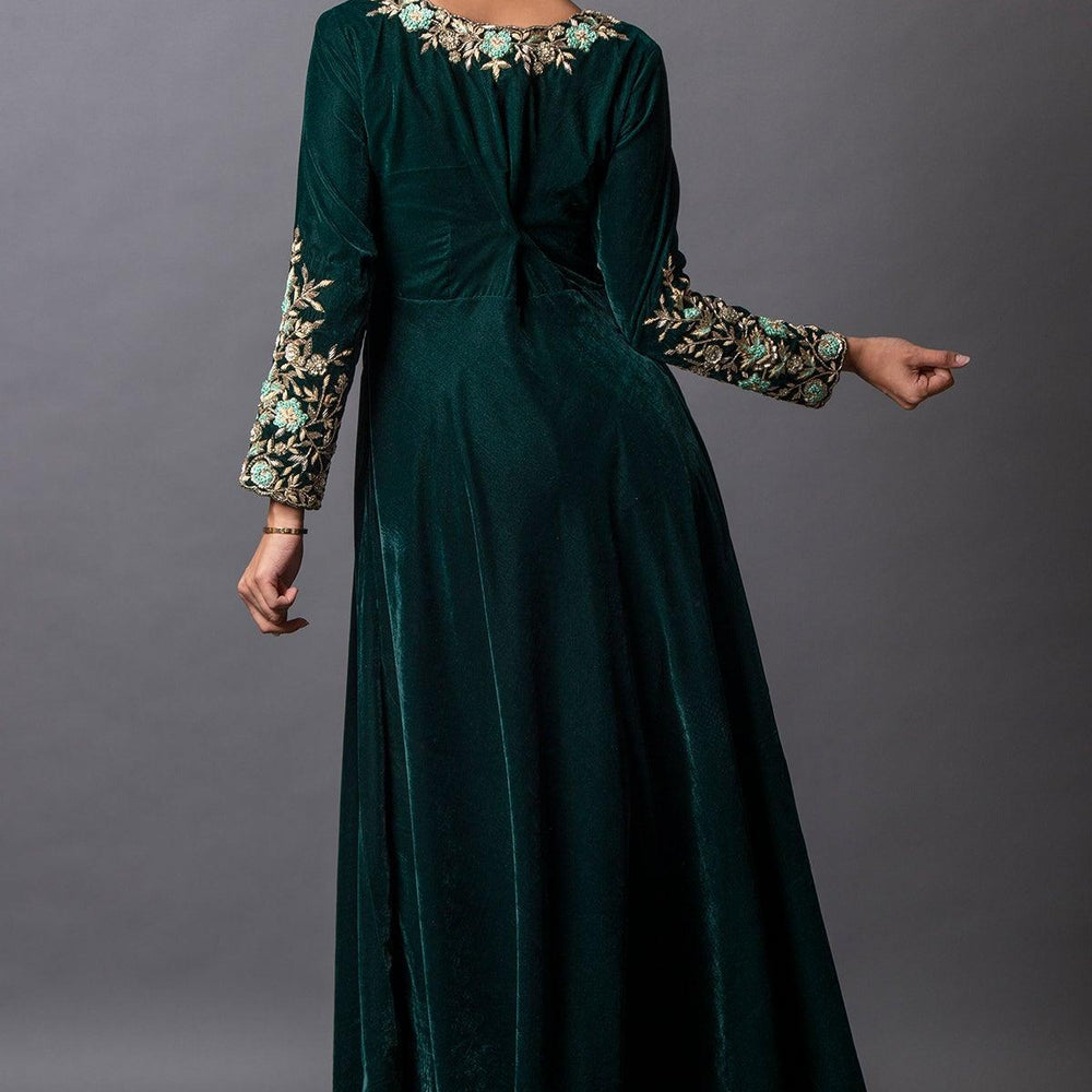 
                  
                    long green velvet gown
                  
                