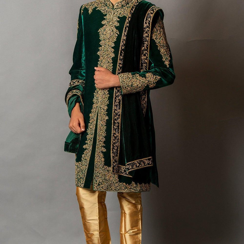 green velvet sherwani