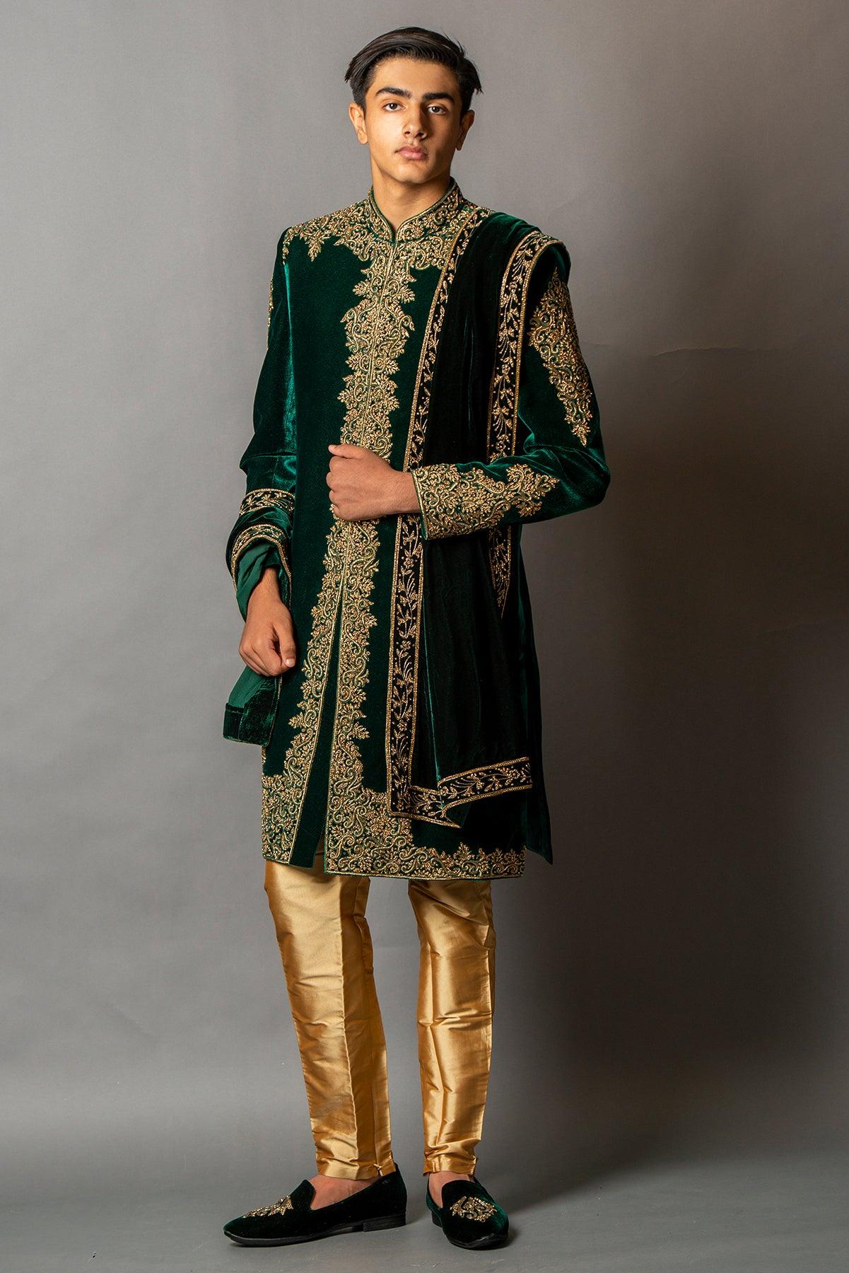 green velvet sherwani