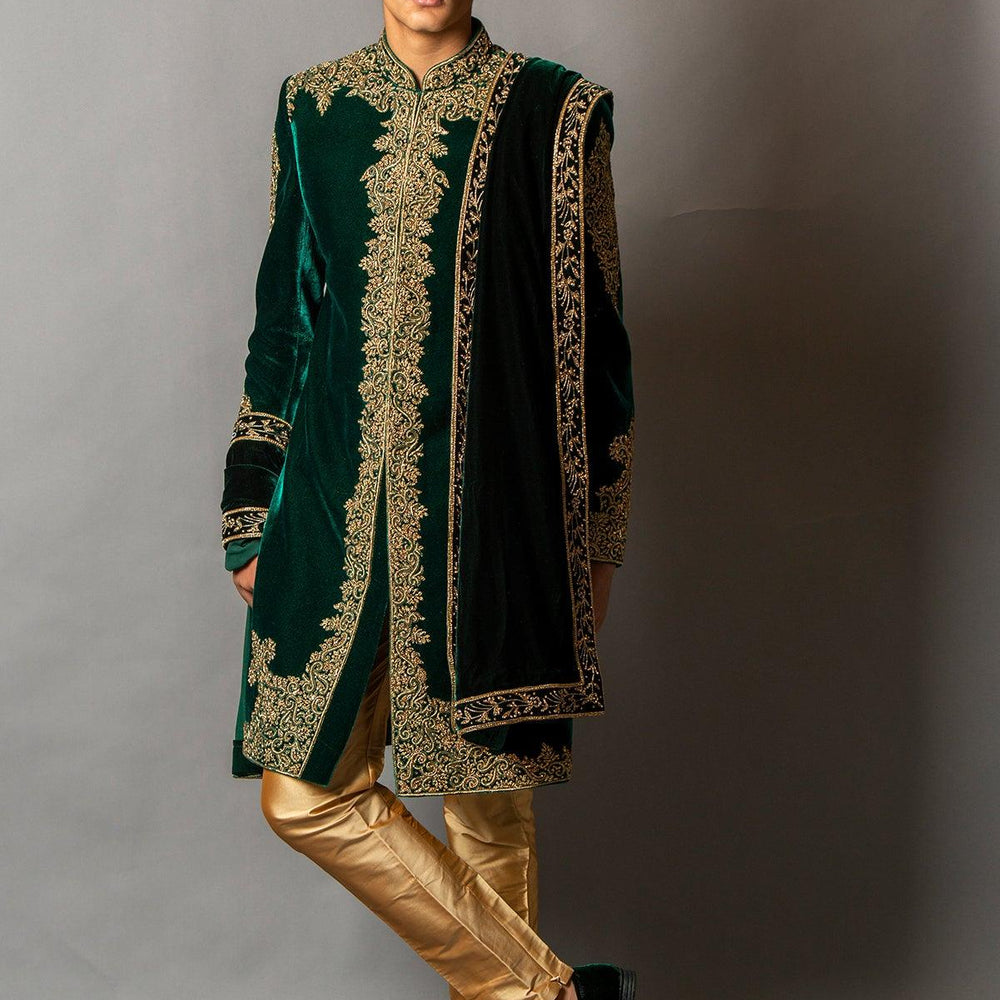 green velvet sherwani