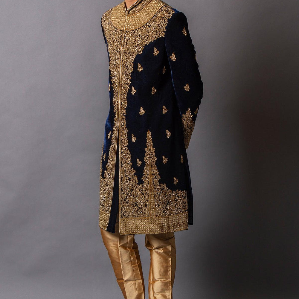 Deep blue velvet sherwani