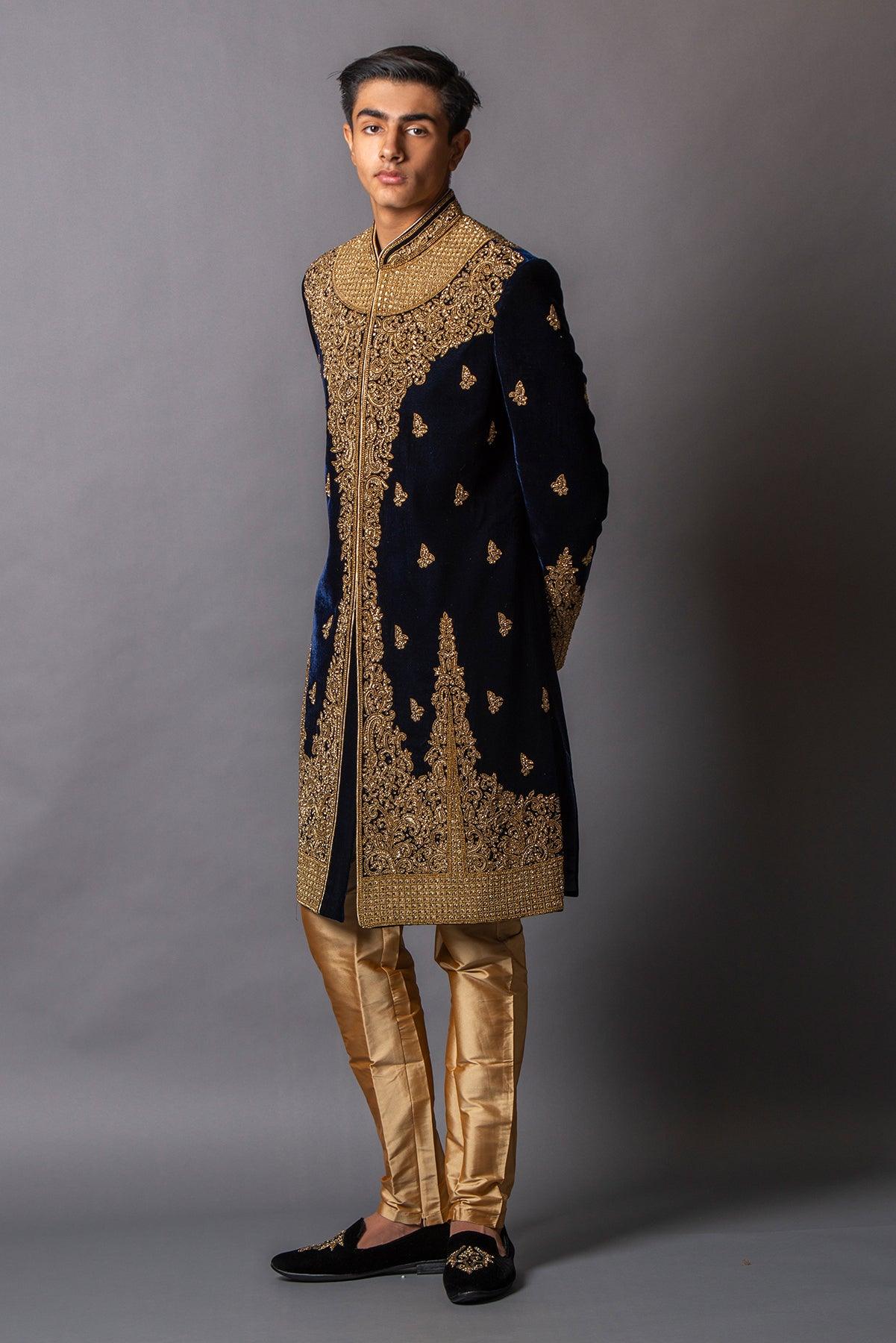 Deep blue velvet sherwani