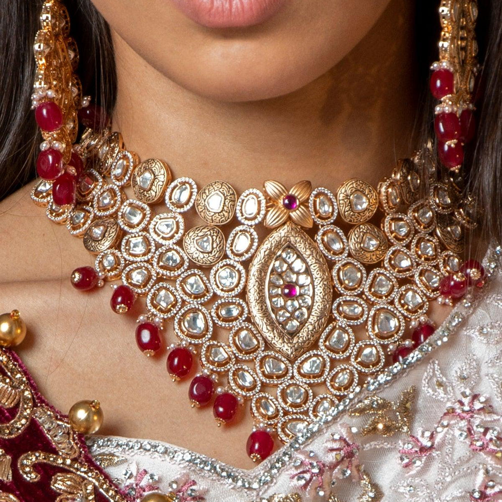 red and gold long necklace set