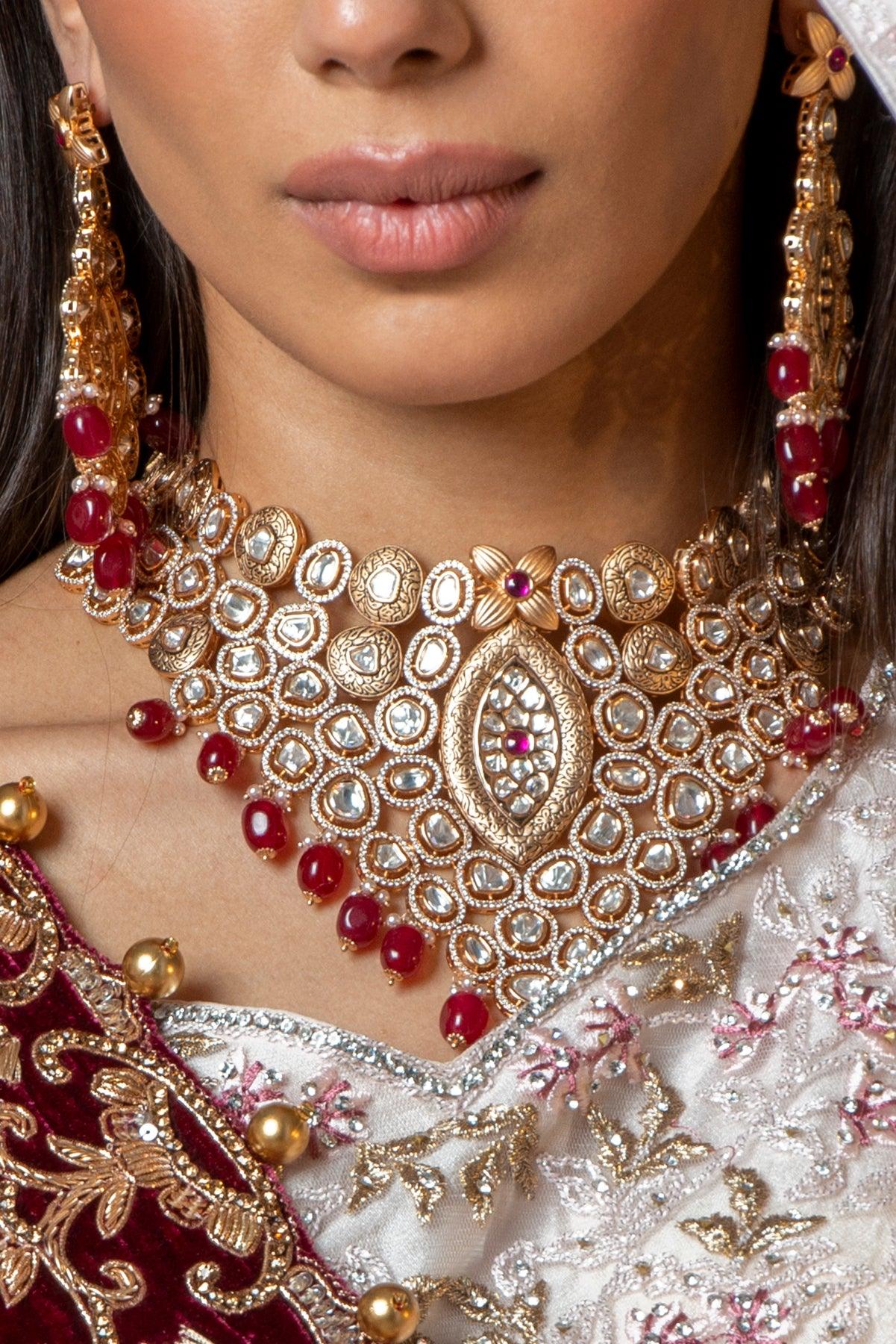 red and gold long necklace set