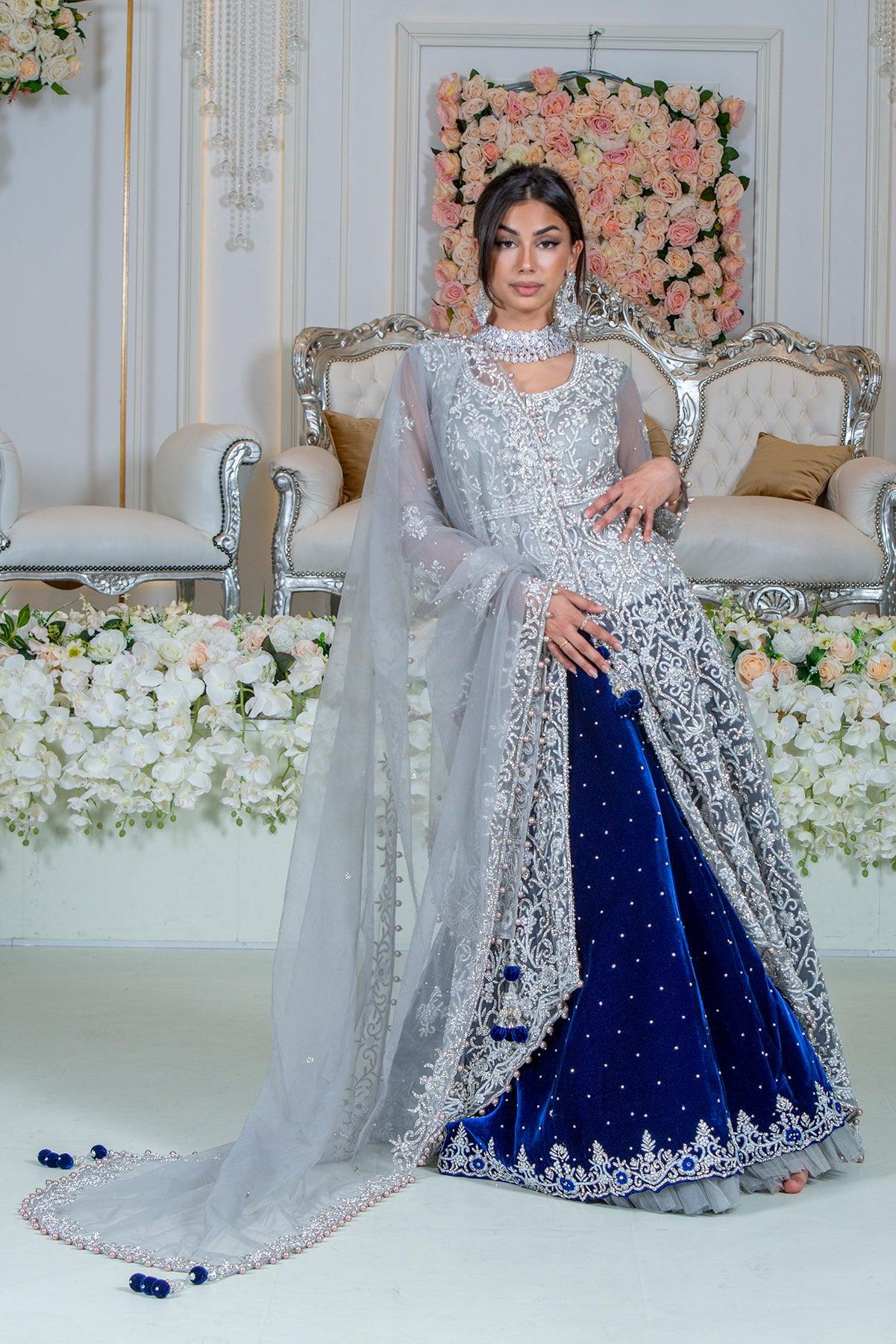 grey long kameez with royal blue lehenga