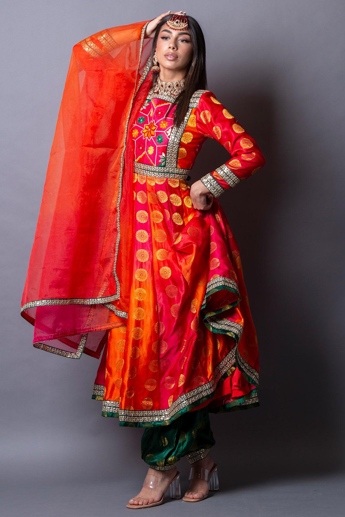 red and green banarsi dress