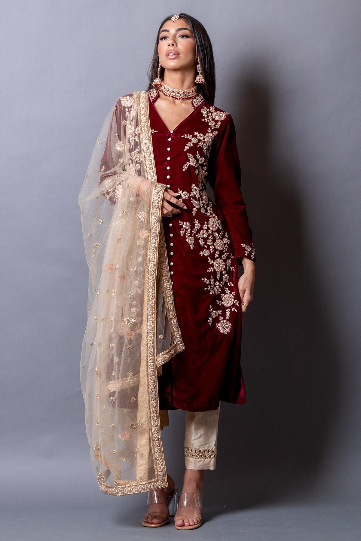 velvet maroon designer kameez set 