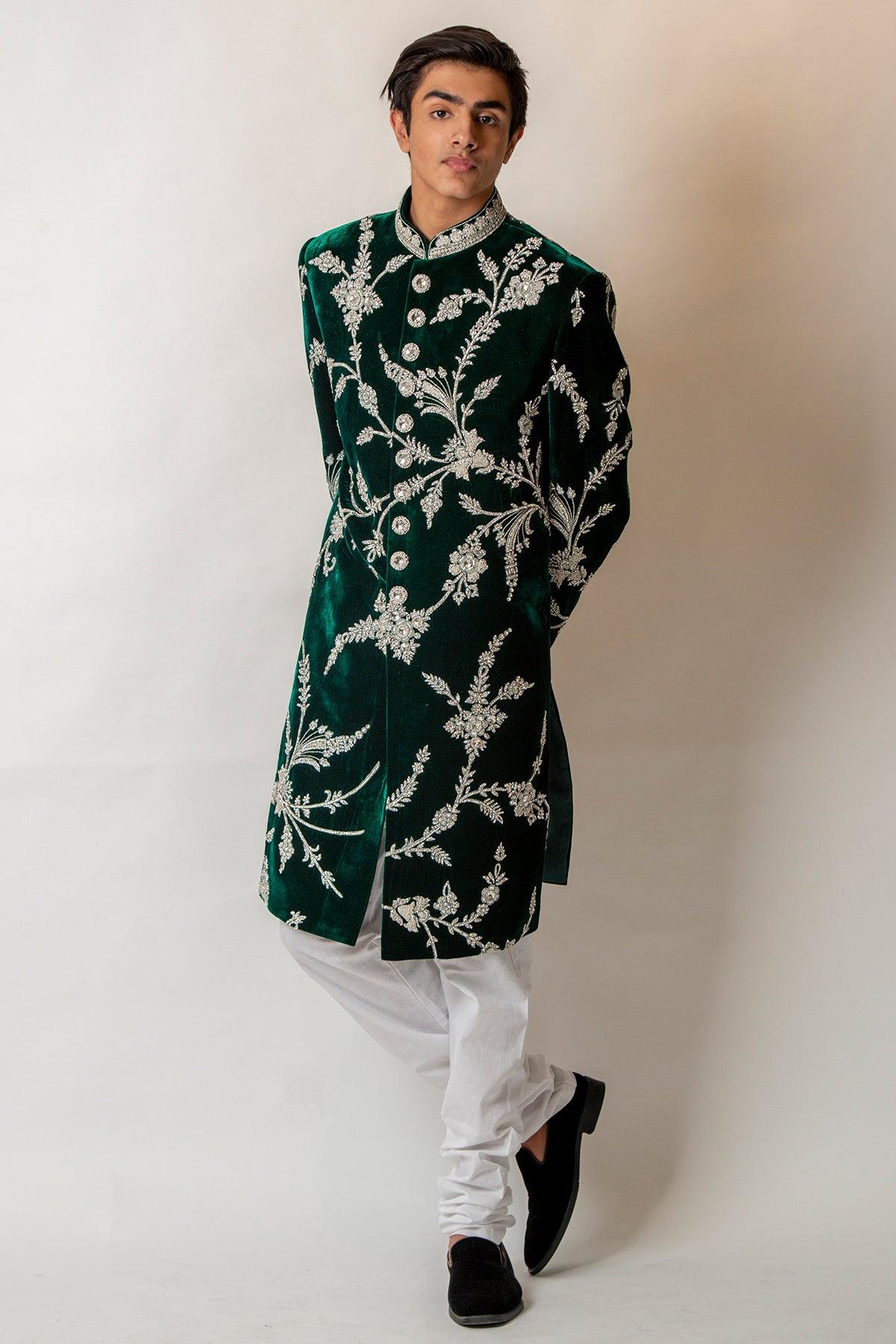 green velvet sherwani