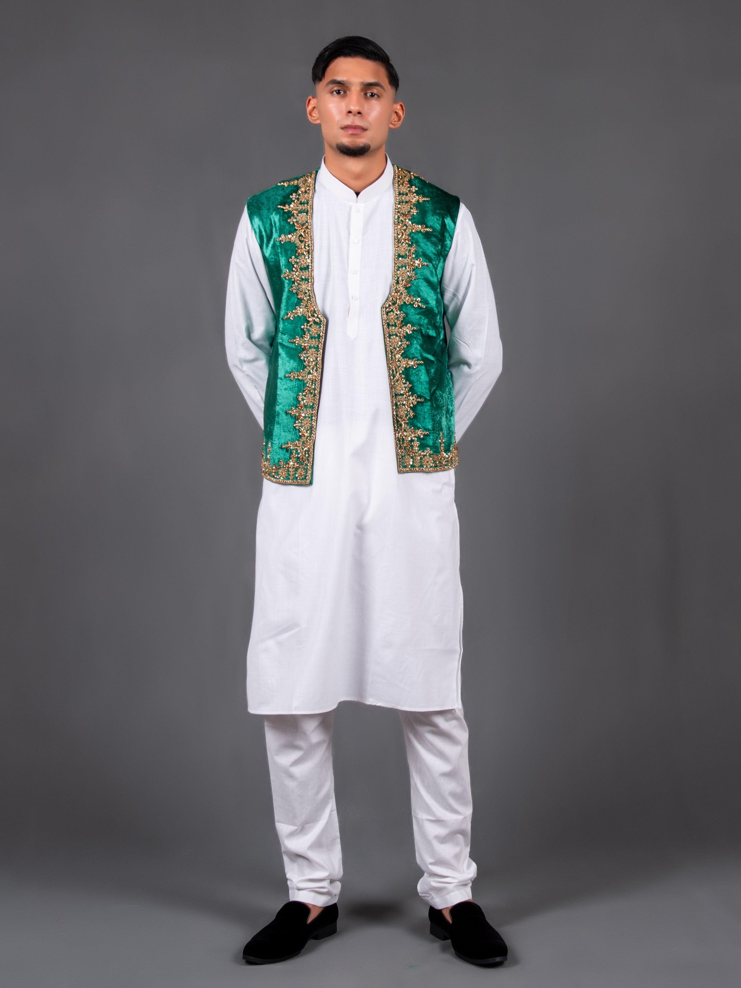 Embroidered Waistcoat & Solid Kurta Pyjama For Men main image 1